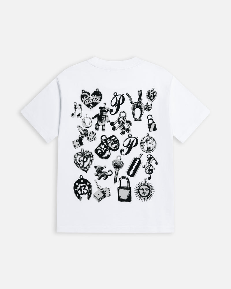 Back view of the white Patta Kids Charm T-Shirt featuring a black charms graphic print.