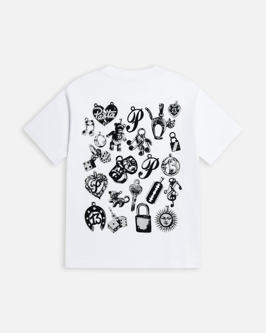 Back view of the white Patta Kids Charm T-Shirt featuring a black charms graphic print.