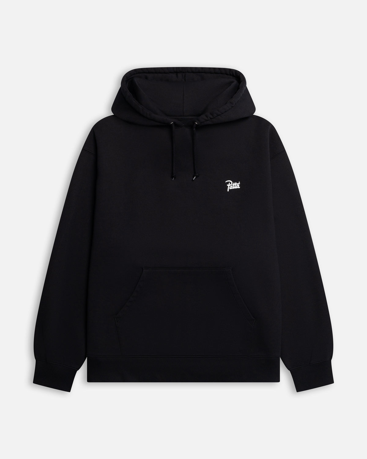 Front view of the black Patta Championship hooded sweater featuring a white chest logo and kangaroo pocket.