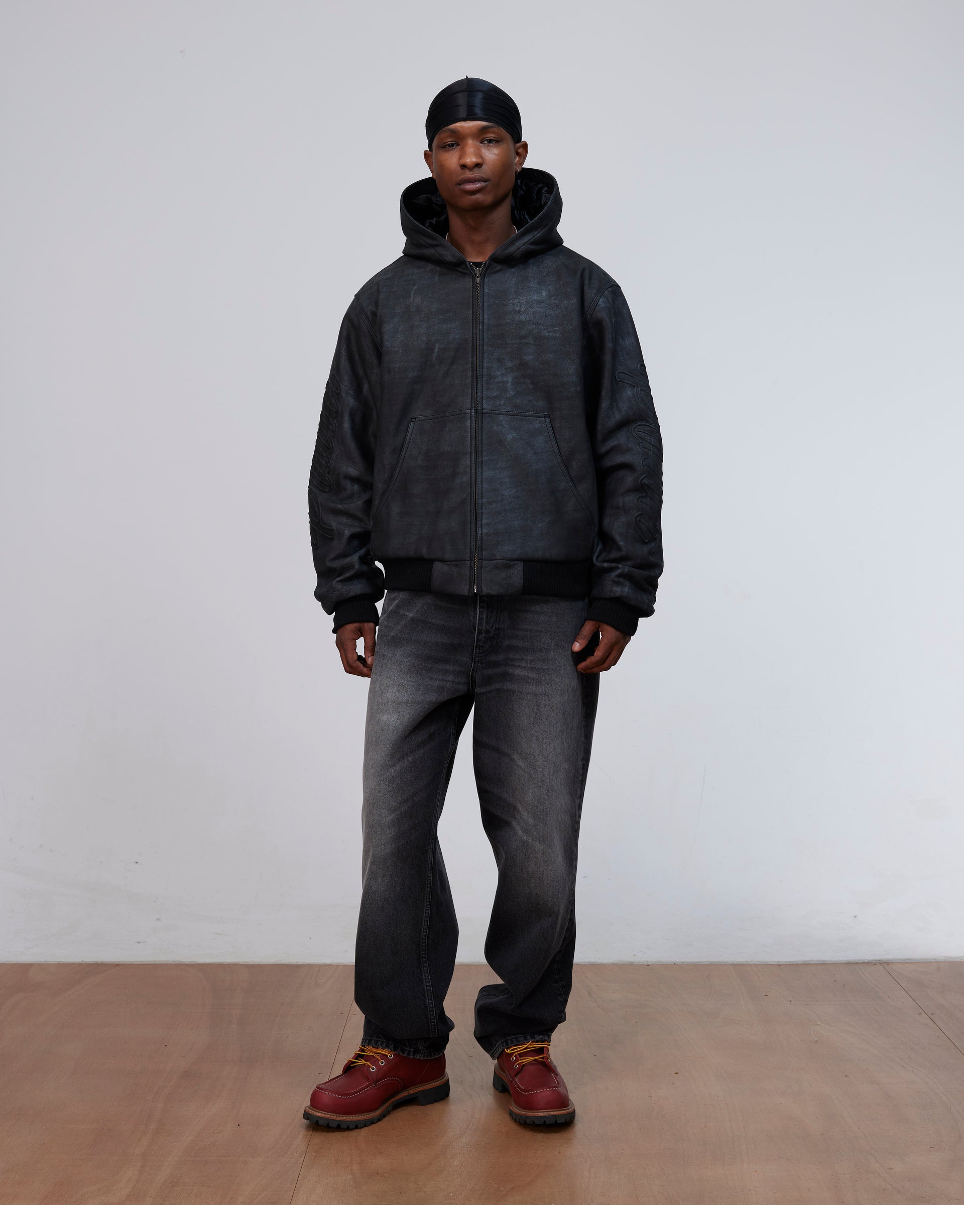 Patta Leather Hooded Bomber Jacket (Black)