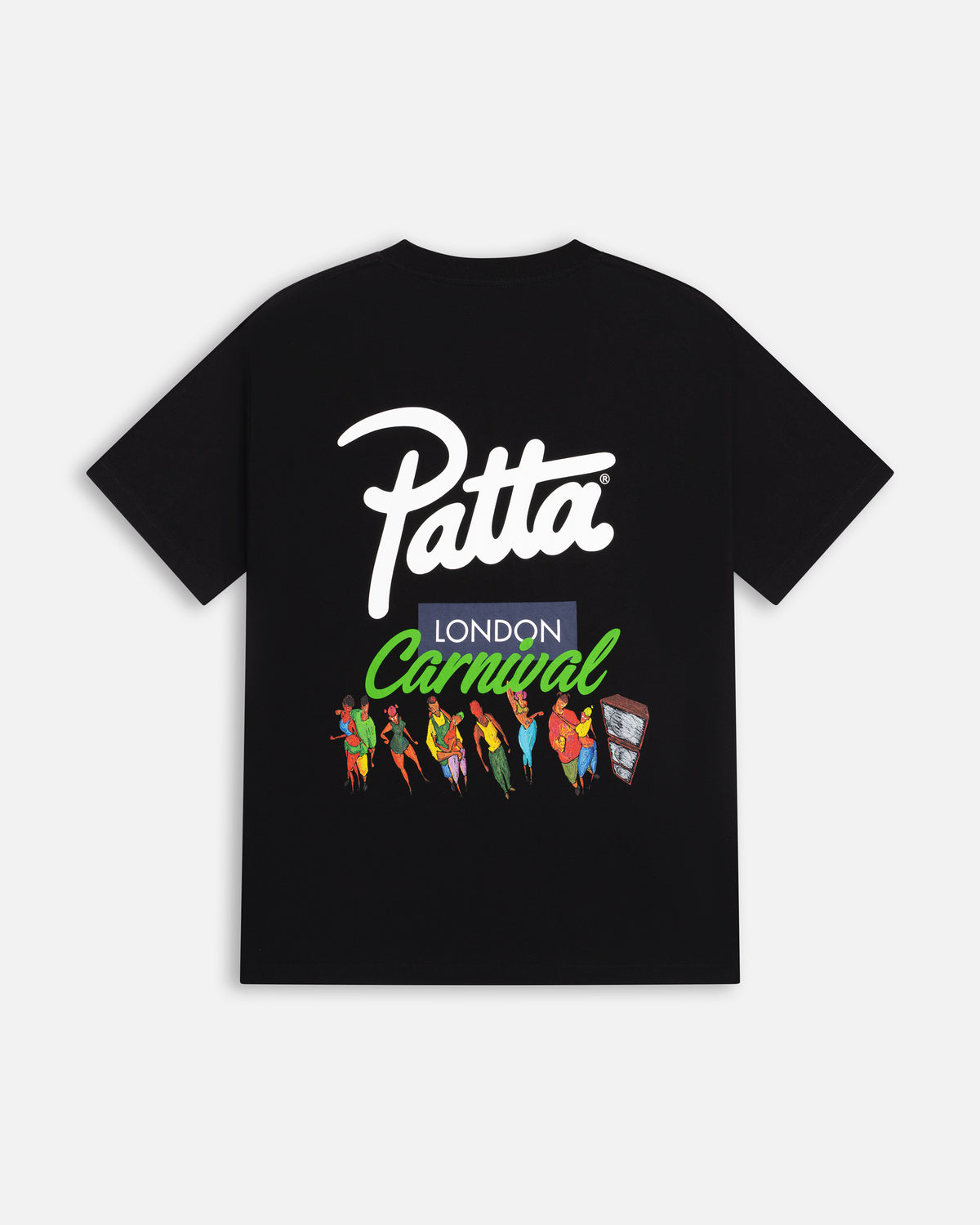 Back view of black Patta London Carnival T-shirt featuring script logo and colorful dancing figures graphic.